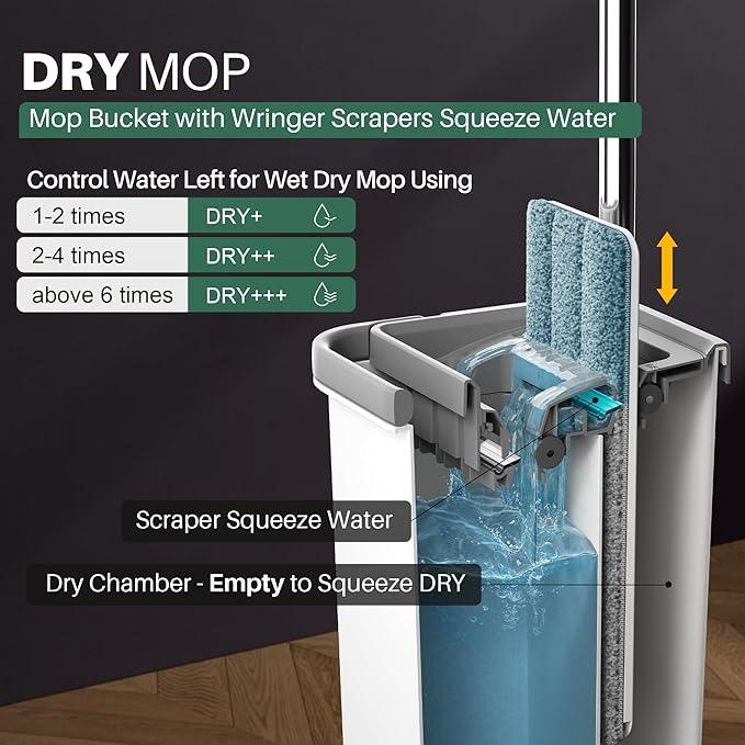 JOYMOOP Mop and Bucket with Wringer Set, Hands Free Flat Floor Mop and Bucket, 60" Mop with 6 Reusable Microfiber Pads, Wet and Dry Use, Floor Cleaning System - NeatNest