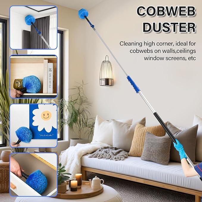 30 FT High Reach Cleaning Kit with 7-30 Foot Telescoping Extension Pole, Flexible Ceiling Fan Duster, Microfiber Feather Duster, Cobweb Duster & Window Squeegee & Washer - NeatNest