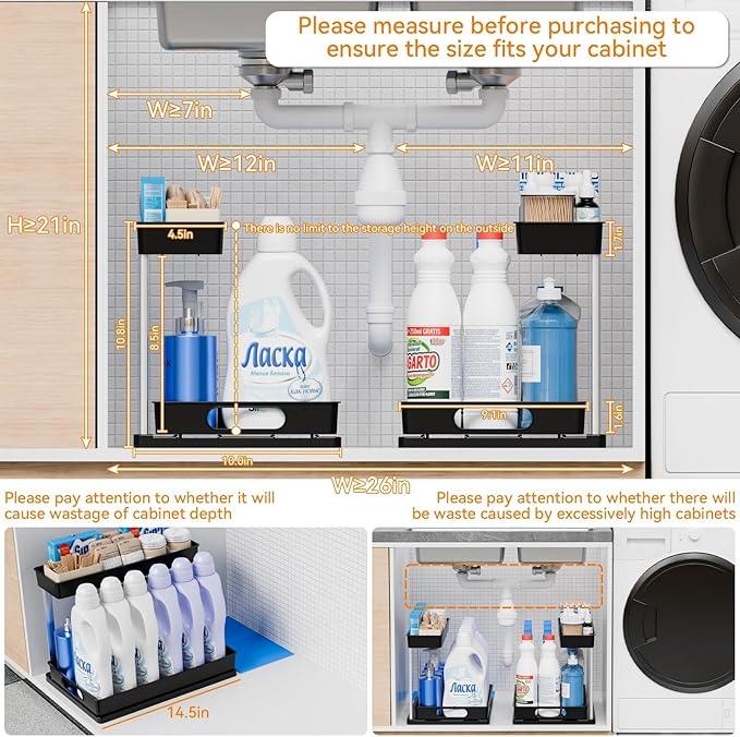 Yieach 2 Pack 10.8″ High Pull Out Under Sink Organizer,14.5″ Deep 2 Tier Slide Out Cabinet Organizer for Kitchen Cabinet,Undersink Organizers,Under Sink Shelves,Bathroom Organizers and Storage,Black - NeatNest