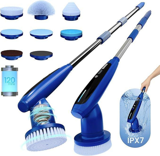 8-in-1 Electric Spin Scrubber, Fully Waterproof Cordless Power Cleaning Brush with LED Display, 2 Speed Settings, Extension Handle for Bathroom, Tubs, Shower, Kitchen, Tile, Sinks, Car, Floor - NeatNest