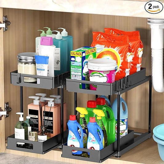 Under Sink Organizers and Storage, 2 Pack Large Capacity Heavy Load Double Pull-out Under Sink Shelves with Sliding Drawer for Kitchen and Bathroom, Black - NeatNest