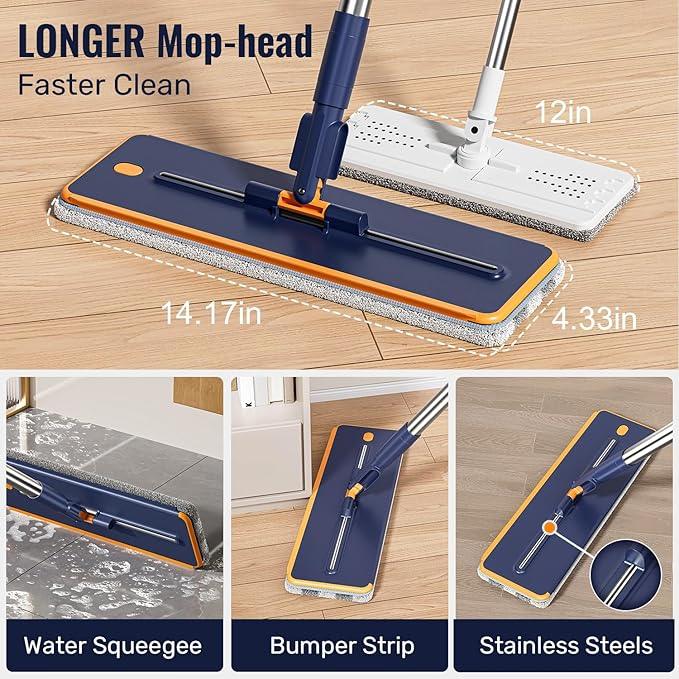 Mop and Bucket Set with Wringer, 3-Tank Flat Mop and Bucket System, Wall Mop Cleaner with Long Handle, Hands Free Mops for Floor Cleaning with 4 Microfiber Pads - NeatNest