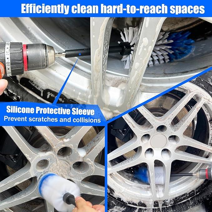 Car Wheel Brush Kit, Soft Drill Wheel Cleaner Brush, Tire Brush, Detailing Brush, and Detailing Pads, No Scratches Car Wheel Cleaning Kit for Wheels, Tires, Rims, Engines, Exhaust(Blue+White, 6 Pack) - NeatNest