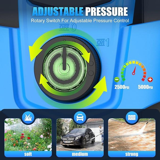Pressure Washer 5000PSI Adjustable Pressure Power Washers Powered with 33ft Hose, 4 Nozzle and Foam Cannon, Powerwashers Cleaner Machine for Home, Cars, Blue - NeatNest