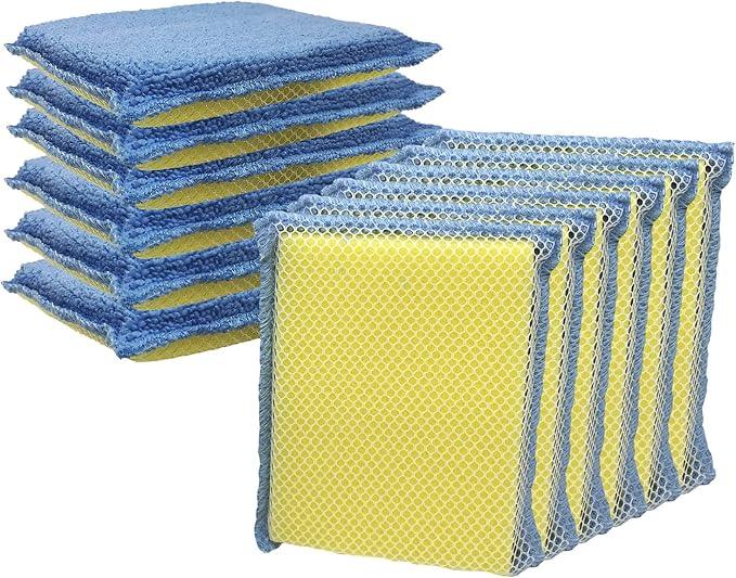 LOLA Microfiber Terry & Nylon Net Sponge Scrubber Pad, 12 Pack, Non Scratch 2-Way Cleaning, Gently Scrubs & Wipes Clean - NeatNest