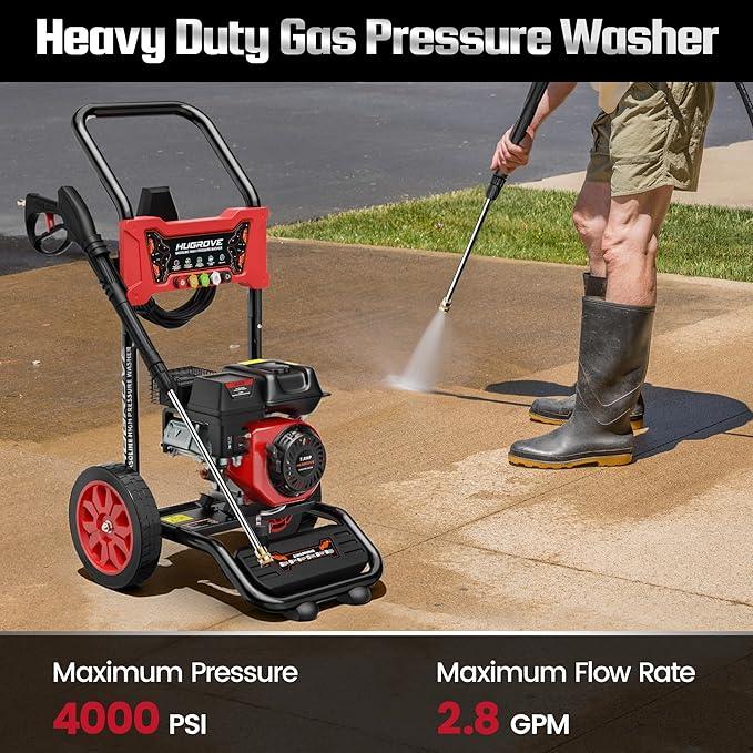 HURGOVE Gas Pressure Washer 4000 PSI, 7.0HP 210CC Engine, 26FT Hose & 5 Nozzles, Heavy-Duty Power Washer for Driveways, Cars, Patios & Fences (New Upgraded Model) - NeatNest