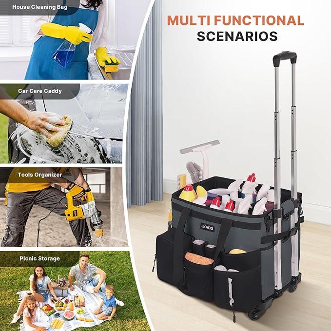 Large Rolling Cleaning Caddy Bag with Detachable Trolley, Waterproof Cleaning Caddy on Wheels for Housekeepers, Cleaning Cart Supplies Organizer for Home,Car,Office,Picnic(Gray)(InPatent) - NeatNest