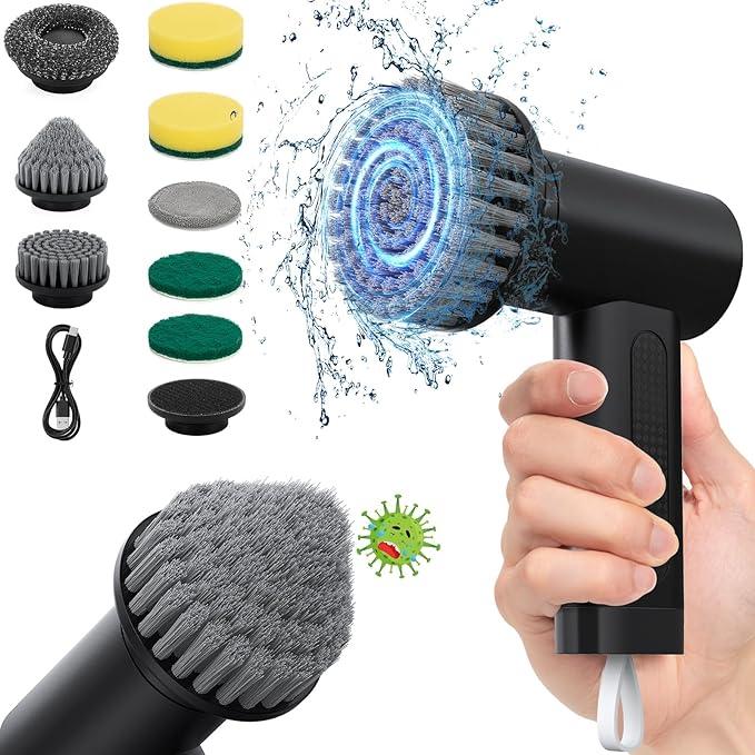 Electric Spin Scrubber, 3000 mAh Cordless Power Scrubber with 8 Replaceable Heads, Dual Speed Lightweight Handheld Scrubber for Cleaning Stove/Bowl/Sink/Corner/Tile/Grout (Black) - NeatNest