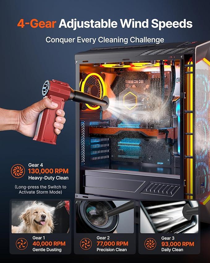 Compressed Air Duster, 130,000RPM Ultra-Powerful Cordless Electric Air Duster with 8000mAh Rechargeable Battery, 4-Gear Adjustable Air Blower for Keyboard, Computer, Car, Home Cleaning - Red - NeatNest