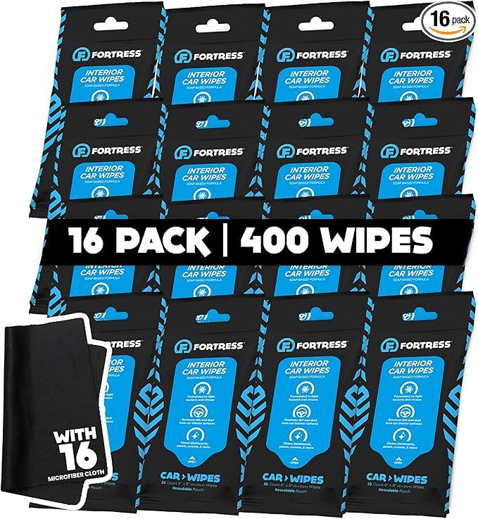 Fortress Car Interior Wipes with Microfiber Cloth (25 ct, Pack of 16) for Car Interior Cleaning, Dashboard, Seats, Detailing, and Steering Wheel [Travel Size] Skin-Safe Car Interior Cleaner Supplies - NeatNest