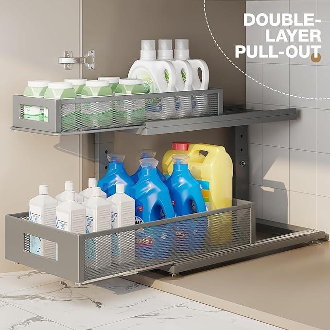 2 Pack 18.5IN-Depth Under Sink Organizer With Next-Gen Ball-Bearing Slides,2-Tier Pull Out Cabinet Storage,Height Adjustable Drawer Shelf for Bathroom,Kitchen,Laundry,Cabinet,Pantry-Gun Gray - NeatNest