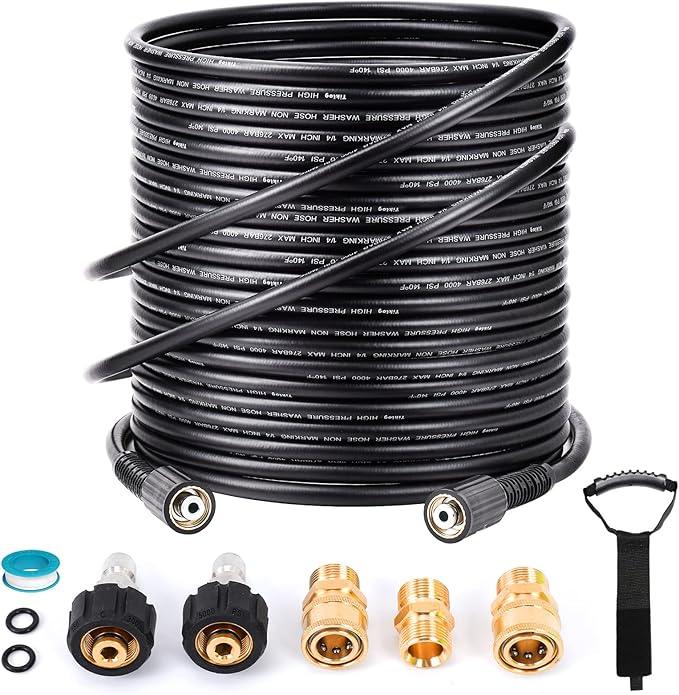 Pressure Washer Hose 100FT 1/4”, 4000 PSI Kink Resistant High Pressure Hose M22 14mm Thread, Flexible Extension Replacement Hose with 3/8 Quick Connect Adapters for Power Washing - NeatNest