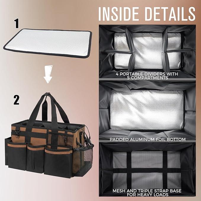 Wearable Cleaning Caddy, Cleaning Caddy Supplies Organizer with Handle & Shoulder Straps for Housekeepers, Under Sink & Car Cleaning Tool Organizers Bag with 4 Foldable Divider (Brown) - NeatNest