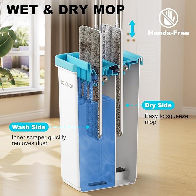 Mop and Bucket Set with Wringer, Dry & Wet Wall Mop Cleaner with Long Handle, Flat Squeeze Spin Dust Mop for Household Floor Cleaning with 4 Microfiber Mops, Turquoise-Cyan - NeatNest