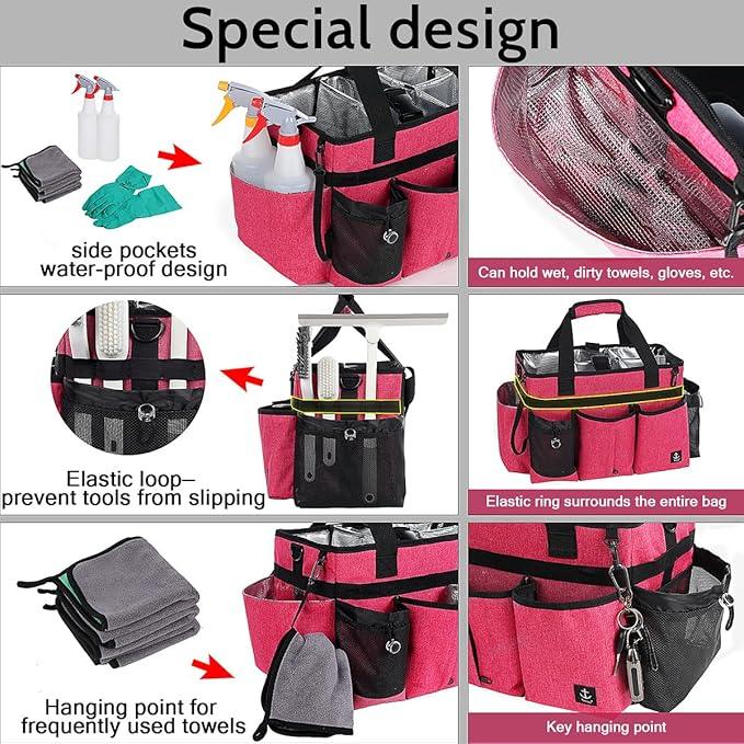 Large Cleaning Caddy Bags Pink with Sturdy Support Board, Cleaning Organizer with Detachable Dividers, Cleaning Supply Tote with Adjustable Shoulder Strap & Waist Belt for Cleaners Housekeepers - NeatNest