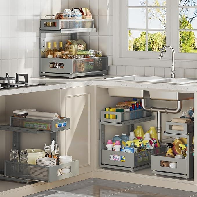 2 Pack 15.74IN-Depth Under Sink Organizer With Next-Gen Ball-Bearing Slides,2-Tier Pull Out Cabinet Storage,Height Adjustable Drawer Shelf for Bathroom,Kitchen,Laundry,Cabinet,Pantry-Gun Gray - NeatNest