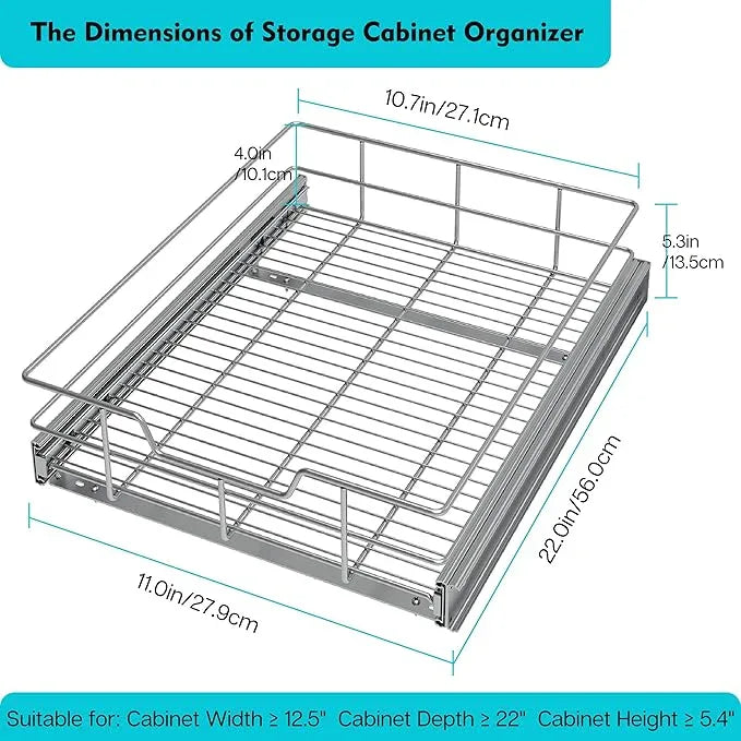 Pull Out Cabinet Organizer 11" W X 22" D, Slide Out Drawers For kitchen organizers and storage, Pull Out Drawers For Cabinets Capacity Heavy Duty Caddy, Cabinet Shelves Chrome-Plated, Bathroom Pantry - NeatNest