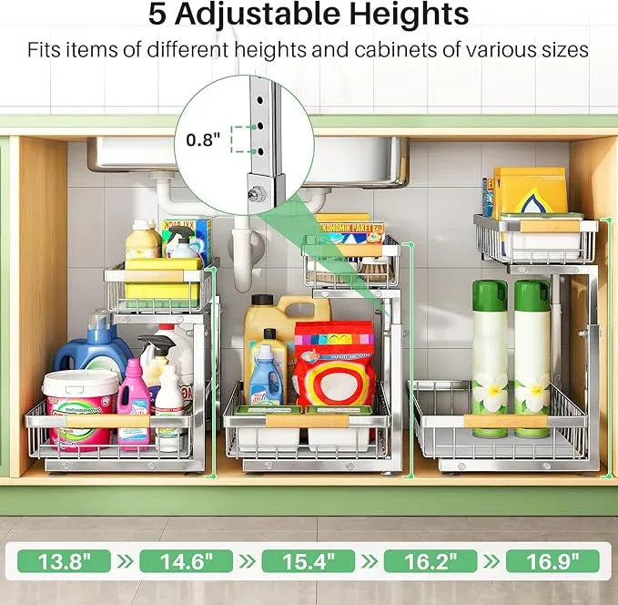Under Sink Organizer, Stainless Steel 1-Pack 2 Tier Under Sink Organizers and Storage, Slide out Pull out Cabinet Shelf, Sliding Drawer for Kitchen Bathroom Pantry Cabinet Closet Organization Rack - NeatNest