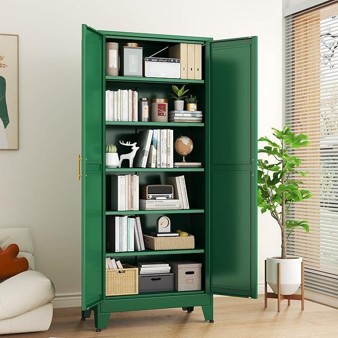 Green Metal Storage Cabinet,75" Steel Cabinets for Home Office, Kitchen Pantry Storage Cabinet with Doors and 5 Adjustable Shelves, Tool Cabinets, for Office, Home, Garage, School - NeatNest