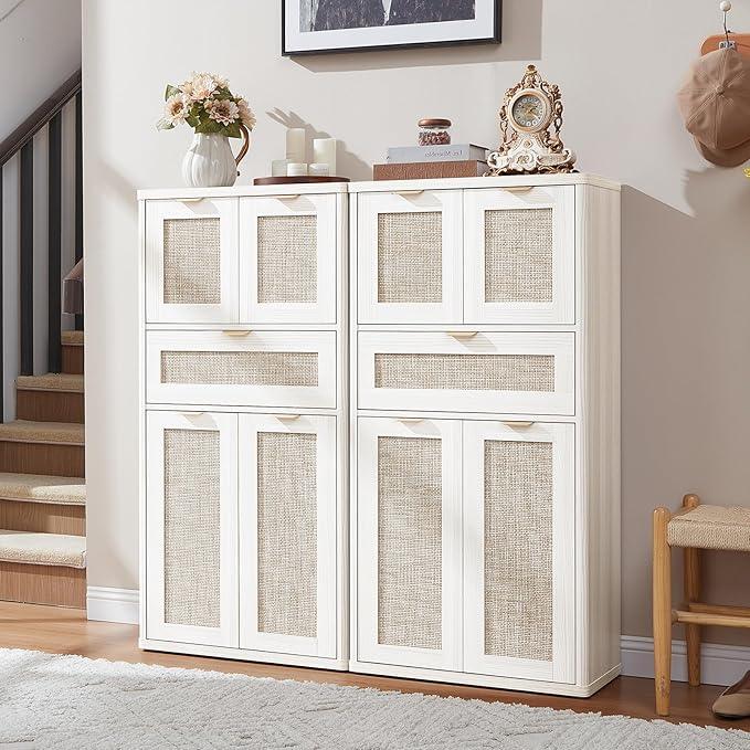 LEYAOYAO 48" Tall Storage Cabinet,Rattan Bathroom Floor Cabinets with 2 Doors & 1Drawer,Boho Kitchen Pantry with Adjustable Shelves,Wooden Cupboard for Living Room,Home Office,Dining,White Cream Oak - NeatNest