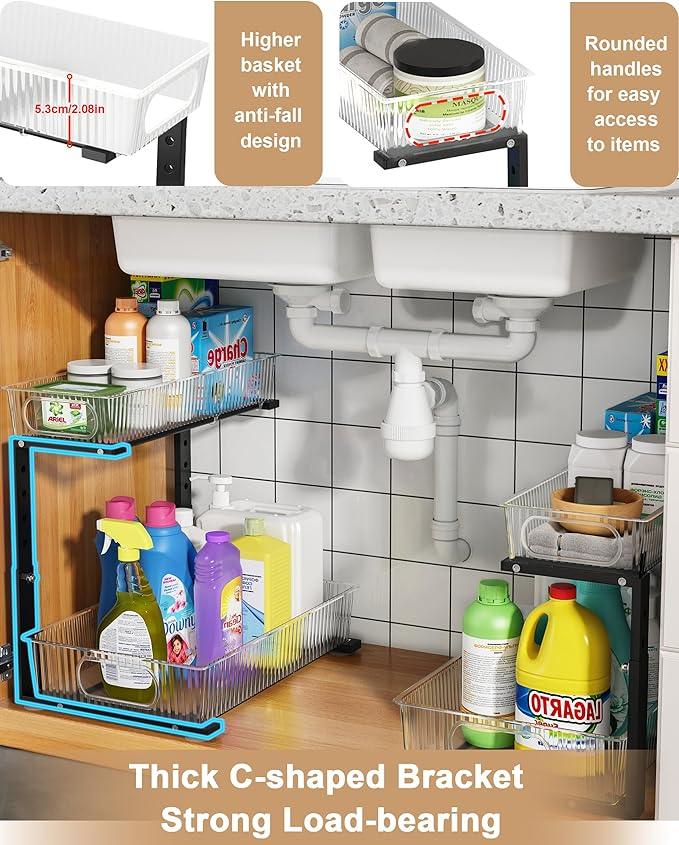 UMDONX Under Sink Organizer 2-Pack Adjustable Bathroom Under Sink Pull-Out Organizer with 5 Adjustable Heights for Kitchen, Bathroom & Laundry Storage - NeatNest