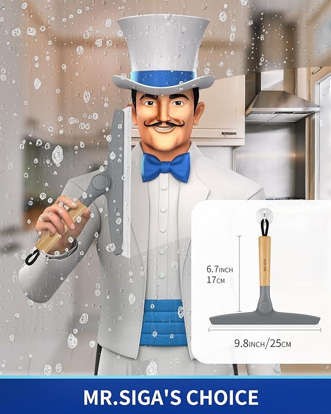 MR.SIGA All Purpose Silicone Squeegee for Shower Door, Mirror, Glass, Streak Free Shower Squeegee, Pivoting Bamboo Handle, Includes 1 Suction Hook, 10 inch Wide, Gray, 1 Pack - NeatNest