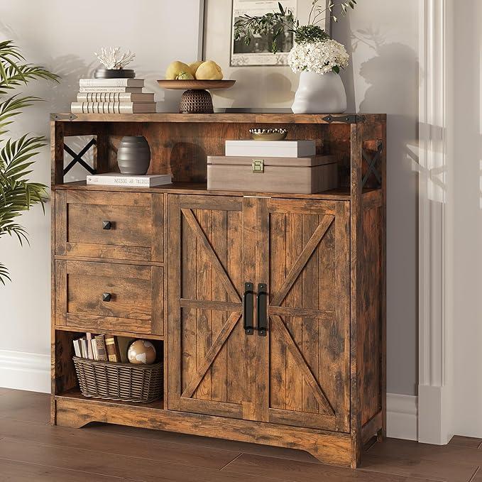 Fameill Farmhouse Storage Cabinet with Drawers and Open Storage,Freestanding Kitchen Pantry with 2 Barn Doors, Floor Cabinet with Adjustable Shelf for Living Room,Brown - NeatNest