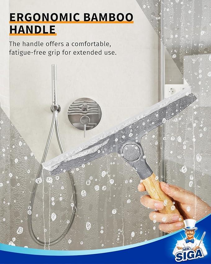 MR.SIGA All Purpose Silicone Squeegee for Shower Door, Mirror, Glass, Streak Free Shower Squeegee, Pivoting Bamboo Handle, Includes 1 Suction Hook, 10 inch Wide, Gray, 1 Pack - NeatNest