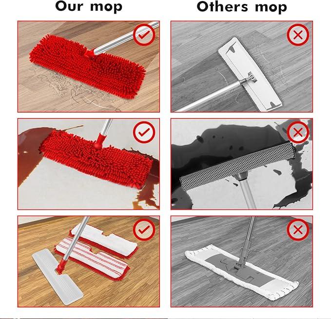 MASTERTOP Microfiber Mop for Floor Cleaning, Hardwood Dust Mop, Wet Mopping with 4 Washable Replacement Mop Pads, Floor Mops for Cleaning with 1 Scraper- White & Red - NeatNest