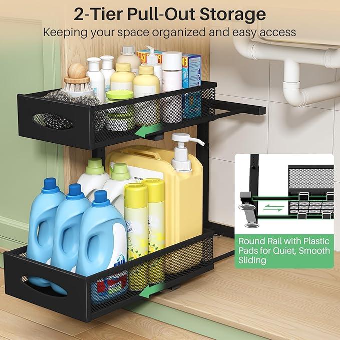 Under Sink Organizer, 2 Pack 2 Tier Pull out Cabinet Organizer Baskets with Mesh Sliding Drawers, Slide out Sink Storage Shelves for Home, Kitchen, Bathroom, Pantry, Office Organizers and Storag,Black - NeatNest