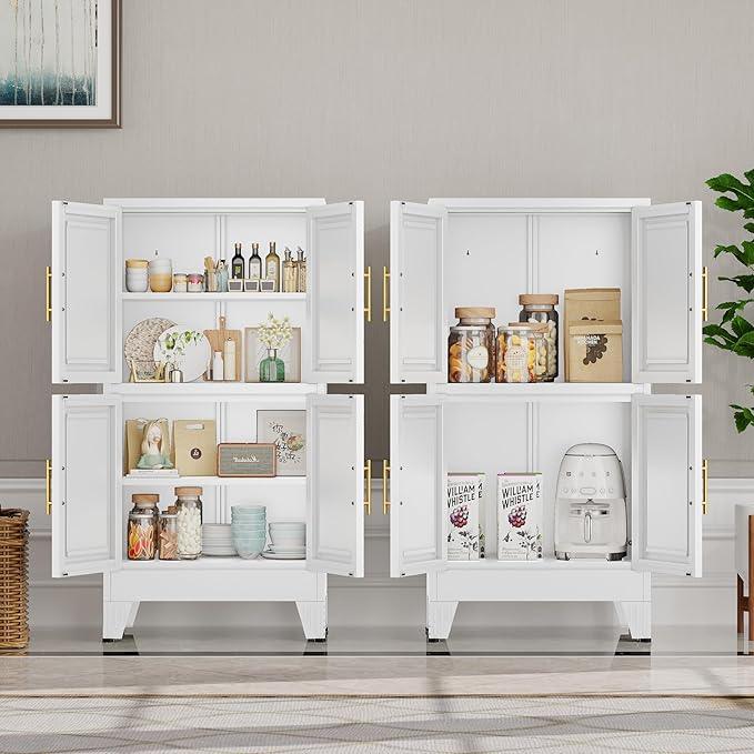 47“H White Metal Bathroom Storage Cabinet, Kitchen Pantry Cabinet with Doors and 3 Adjustable Shelves, Bathroom cabinets Organizer, for Home Office, Bedroom - NeatNest