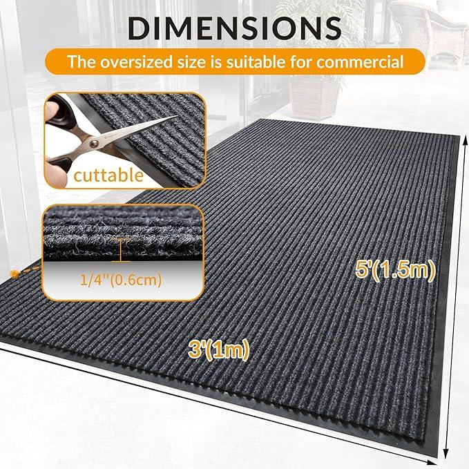 LVETOLS 3' x 5' Moisture Guard Doormat, Commercial Grade Front Door Mat Striped Entrance Welcome Mat with Rubber Backing, Low Profile Commercial Rugs for Entryway, Easy to Clean(Charcoal Grey) - NeatNest