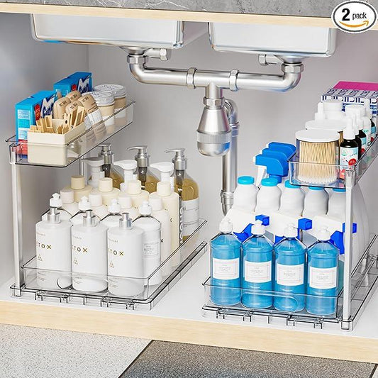 Yieach 2 Pack 14.5″ Deep Pull Out Under Sink Organizer,10.8″ High 2 Tier Slide Out Cabinet Organizer for Kitchen Cabinet,Undersink Organizers,Under Sink Shelves,Bathroom Organizers and Storage,Clear - NeatNest