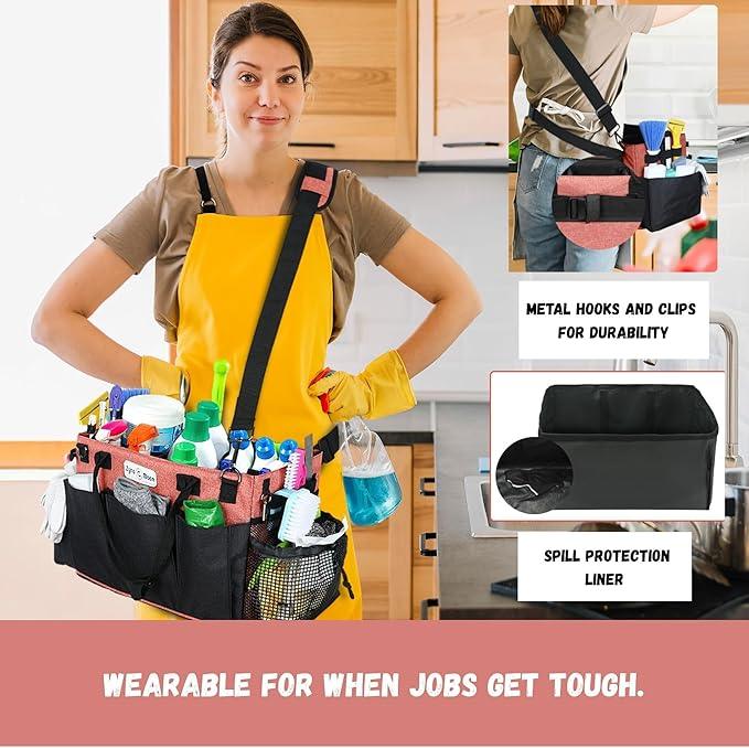 Wearable Cleaning Caddy – Portable Detailing Organizer with Spill-Proof Liner, Straps & Handles – Large Tote for Cleaning Pros, Auto Detailers, and Housekeepers – Red/Gray - NeatNest