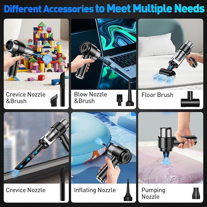 Mini Vacuum Cleaner, 16000PA Car Vacuum Cleaner Portable Cordless with LED Light, 4 in 1 Air Duster and Handheld Small Vacuum Rechargeable for Car, Home, Office, Pet（Black） - NeatNest