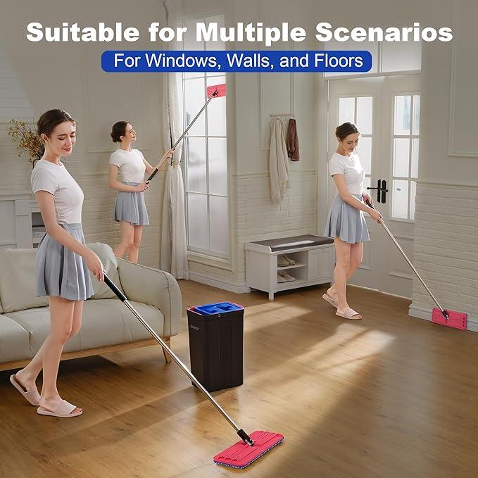 JOYMOOP Mop and Bucket with Wringer Set, Hands Free Flat Floor Mop and Bucket, with 4 Washable Microfiber Pads, Wet and Dry Use, Floor Cleaning System - Black+Red+Slate Blue - NeatNest