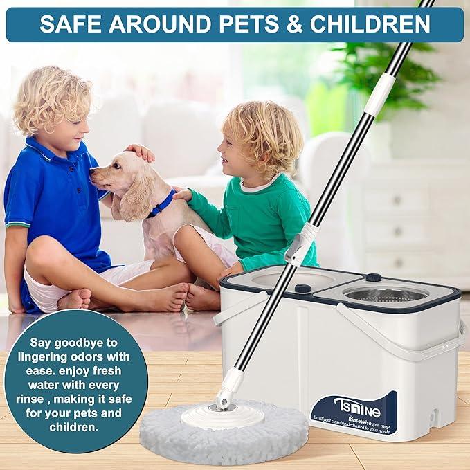 Gen 1 Large-Capacity Spin Mop and Bucket – for Big Homes & Deep Cleaning Days,4-Chamber System Separates Dirty & Clean Water, 2-GAL Heavy-Duty Design with Wheels & 6 Refill Mop Heads - White/Grey - NeatNest