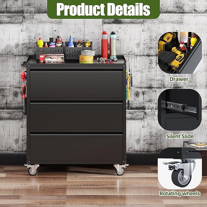 SUXXAN Metal Storage Cabinet with 3 Drawer and 4 Hooks,35.4" H Top Workbench Mobile Tool Chests Garage Cabinets with 4 Wheels,Tool Cabinets for Home,Office,Shop - NeatNest