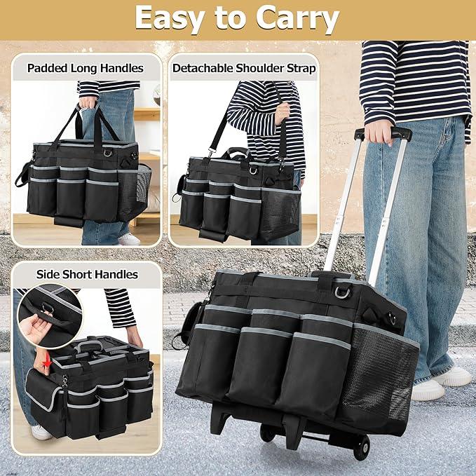 Large Cleaning Caddy with Detachable Trolley & Shoulder Strap, Cleaning Supplies Bag with Handles & Support Plates, Cleaning Product Rolling Organizer for Car Wash and Housekeeping - NeatNest