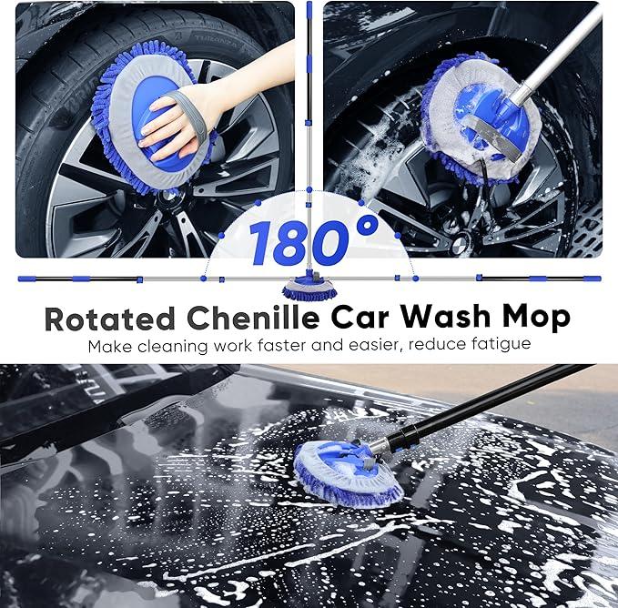 5-12ft Car Wash Kit,8 Piece,Thickened Aluminum Telescopic Rod,Cleaning Brush,Tire Brush,180 ° Chenille Mop,Fiber Towel,Storage Bag,2-Piece Detail Brush,Car,RV,Truck Clean Kit - NeatNest