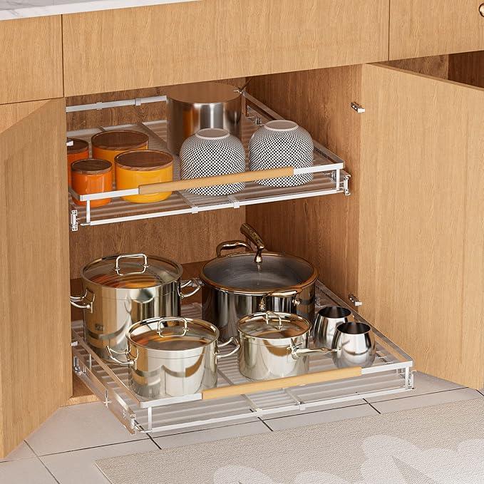 SANNO Pull Out Cabinet Organizer, Expandable Slide Out Organizer shelf for Kitchen Cabinets Organizer, Sliding Pantry Shelves - Roll Out Shelf Storage for Pots, Pans - NeatNest