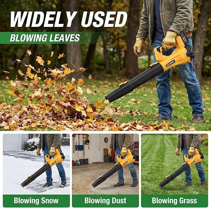 21V Cordless Leaf Blower - 3500W 350m/s, Stepless Variable Speed, Extended Nozzle, Rechargeable with Safety Gear (Yellow:2*Battery + Charger) - NeatNest
