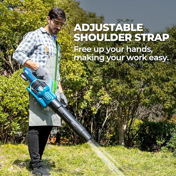 Dong Cheng Brushless 20V Leaf Blower, 485 CFM Variable Speed & Turbo Mode, Cordless Leaf Blower with 3 Nozzles, Shoulder Strap, 4.0Ah Battery and Charger, Blowing Leaves for Patio, Lawn & Garden - NeatNest
