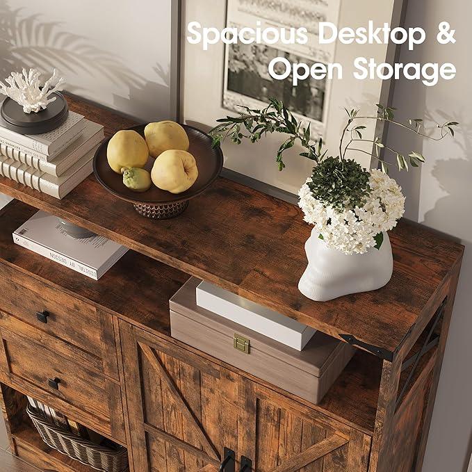 Fameill Farmhouse Storage Cabinet with Drawers and Open Storage,Freestanding Kitchen Pantry with 2 Barn Doors, Floor Cabinet with Adjustable Shelf for Living Room,Brown - NeatNest