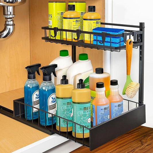 LYNK PROFESSIONAL® Pull Out Under Sink Kitchen Cabinet Organizer - 10" W x 14" D 2-Tier Drawer - Sliding Shelf Organizer for Cabinets and Undersink Storage Shelves - Lifetime Ltd. Warranty – Black - NeatNest