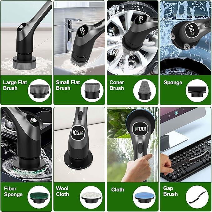 Electric Spin Scrubber, Shower Scrubber with Long Handle Adjustable LCD Display, 2 Speed Shower Cleaner, 7 Replaceable Brush Heads Bathroom Cleaning Brush, Bath Tub Power Scrubbers Black G3 - NeatNest