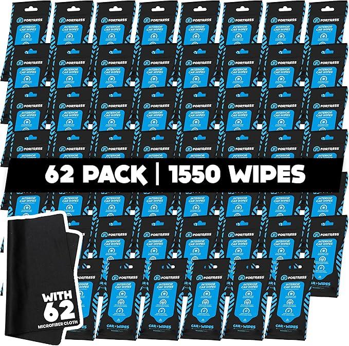 Fortress Car Interior Wipes with Microfiber Cloth (25 ct, Pack of 62) for Car Interior Cleaning, Dashboard, Seats, Detailing, and Steering Wheel [Travel Size] Skin-Safe Car Interior Cleaner Supplies - NeatNest