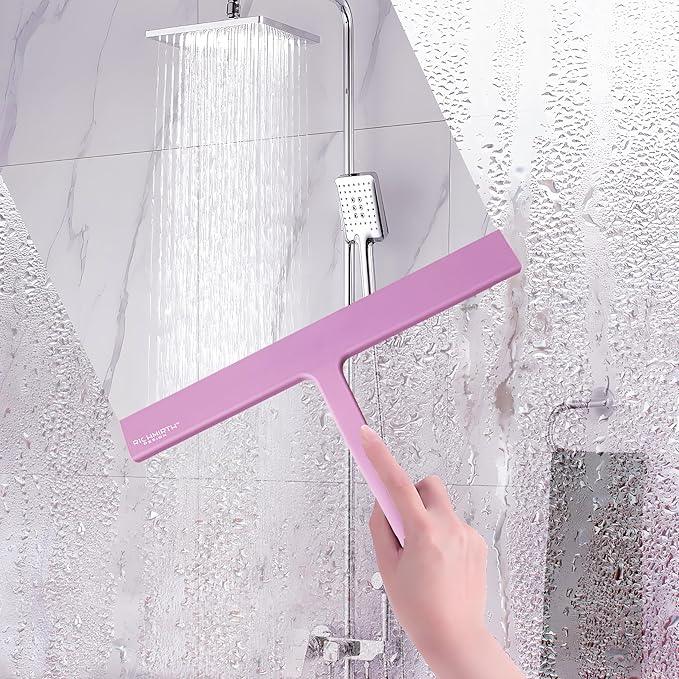 Shower Squeegee with Silicone Hook, 11" Inch Width All Purpose Squeegee Wiper for Shower Glass Doors Bathroom Mirror Tiles Car Window Cleaner Tool - Pink - NeatNest