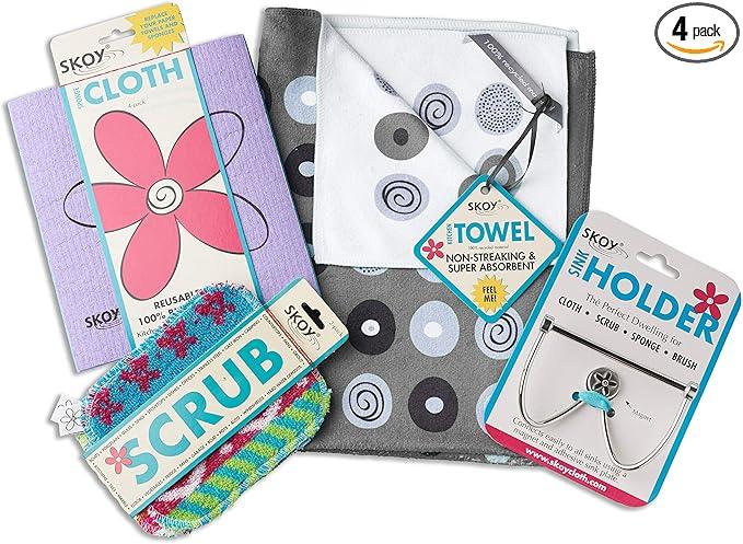 Skoy Cleaning Bundle - Cloth, Scrub, Gray Towel and Sink Holder – Environmentally Friendly, Kitchen & Household Use, Plastic-Free Packaging, Great Gift Idea! - NeatNest