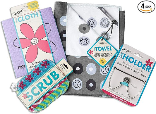 Skoy Cleaning Bundle - Cloth, Scrub, Gray Towel and Sink Holder – Environmentally Friendly, Kitchen & Household Use, Plastic-Free Packaging, Great Gift Idea!